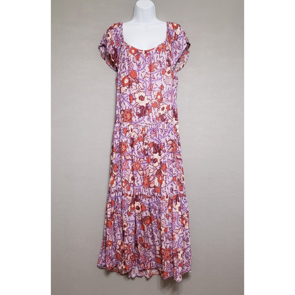 Knox Rose M Maxi Dress Purple Floral Tiered Cap Sleeve Scoop Neck Cottagecore